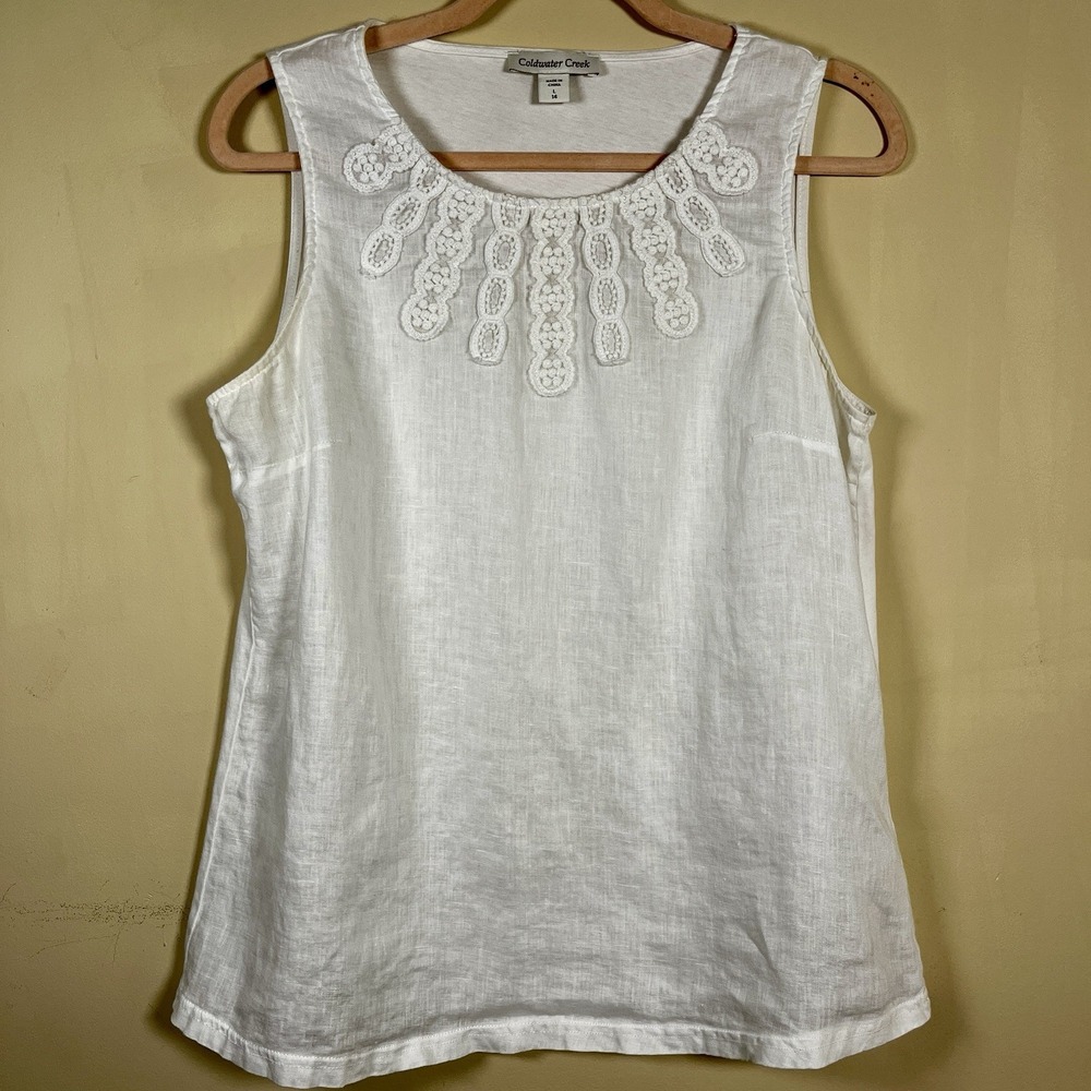 Coldwater Creek Linen Top Lace Crochet Trim White Country Minimalist